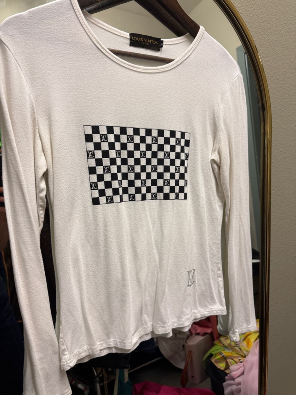 Louis Vuitton White Long Sleeve Checkerboard Tee with LV Motif